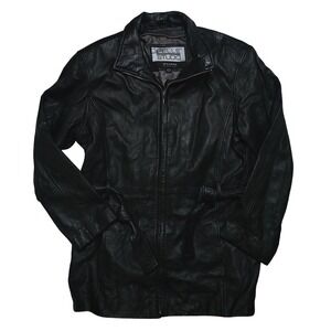 Pelle Studio Wilsons Black Leather Jacket Belted Large Vintage Zipper Coat 90s